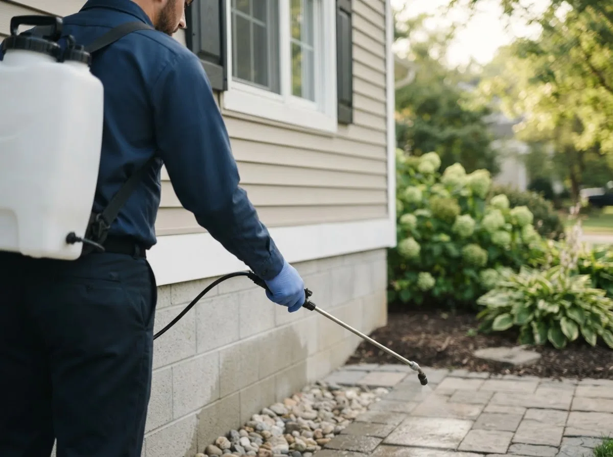 Pest control technician inspecting a home in Reeds, MO